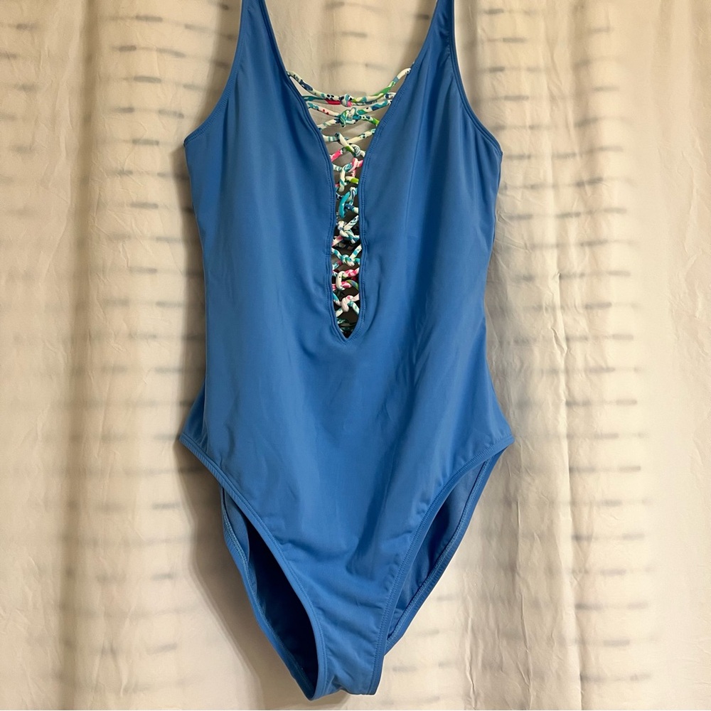 Lilly Pulitzer One Piece Isle Lattice Swimsuit Sz 14 Blue Haven Ultra Flattering
